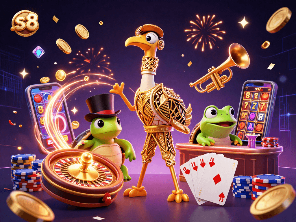 S8 platform celebrates with vibrant gaming action featuring animated characters and lively casino elements.