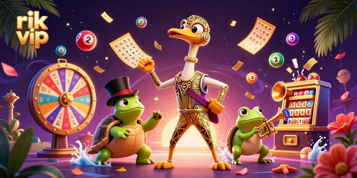 Engage with rik vip for a vibrant, dynamic lottery experience featuring colorful elements and charismatic characters in action.