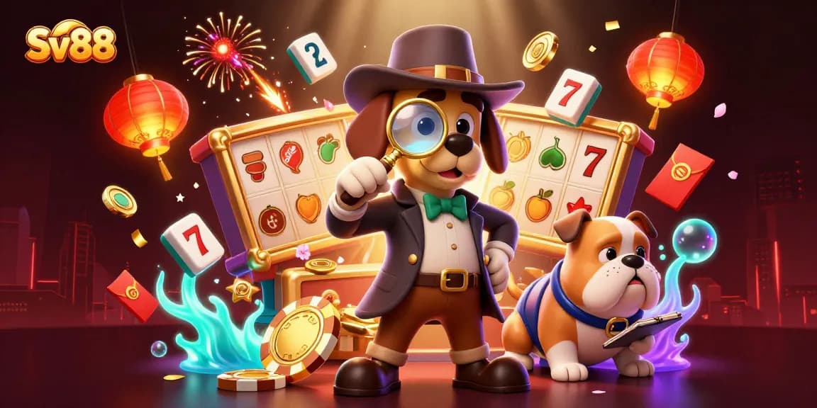 Engage with Sv88's vibrant casino scene featuring a cartoon detective uncovering treasures among colorful gambling elements.