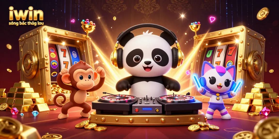 Experience the excitement of iwin sòng bạc thượng lưu with a colorful casino scene featuring a DJ panda, dancing monkey, and kitten.