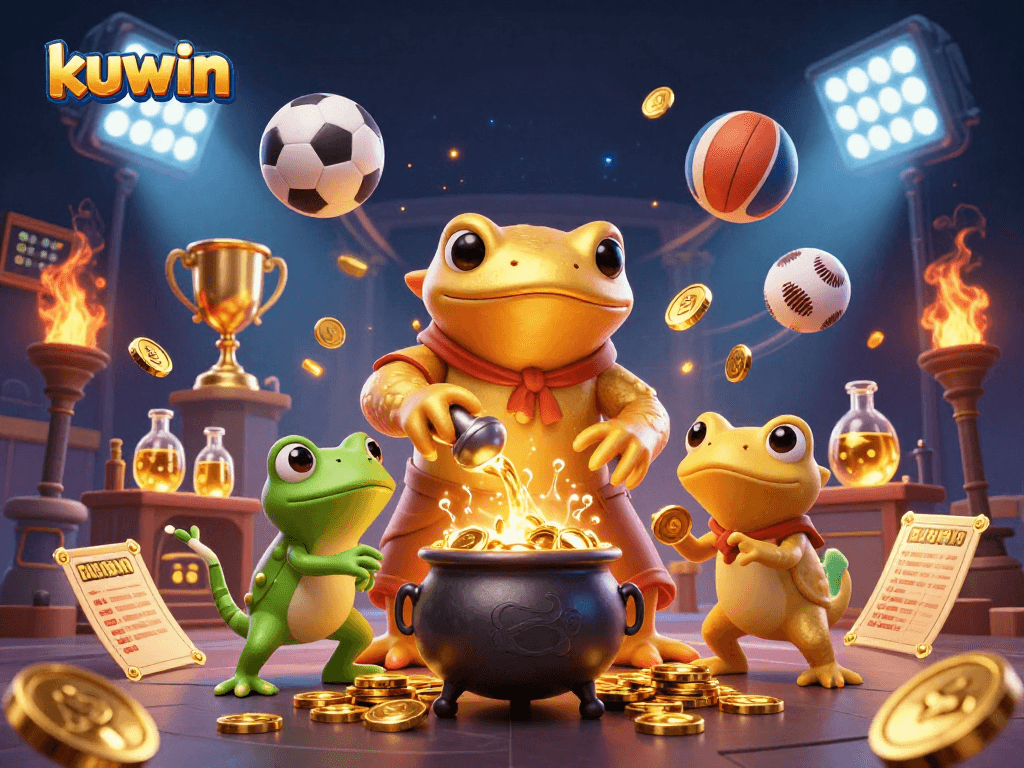 Kuwin sports betting scene with a golden salamander alchemist and dynamic sports balls.