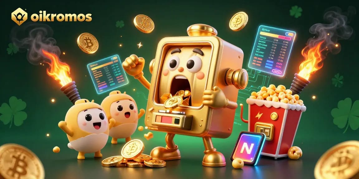 oikonomos-themed 3D slot machine celebrating a jackpot, surrounded by crypto coins and vibrant visuals