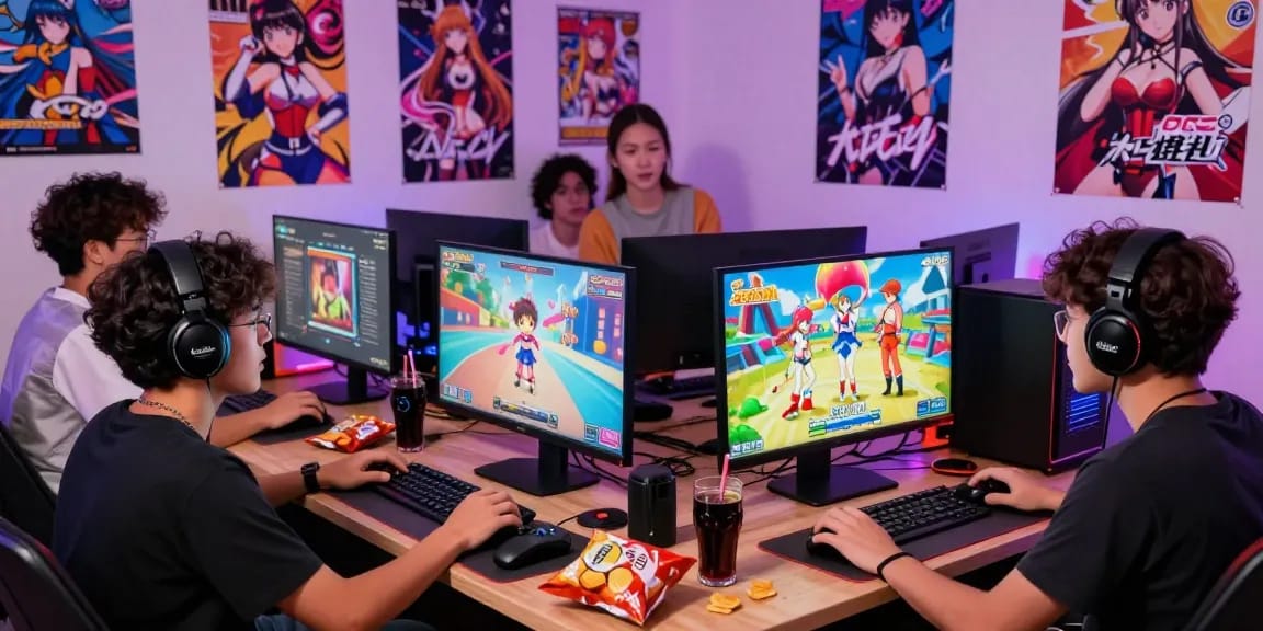 Group of friends enjoying real ecchi games together with vibrant graphics and snacks