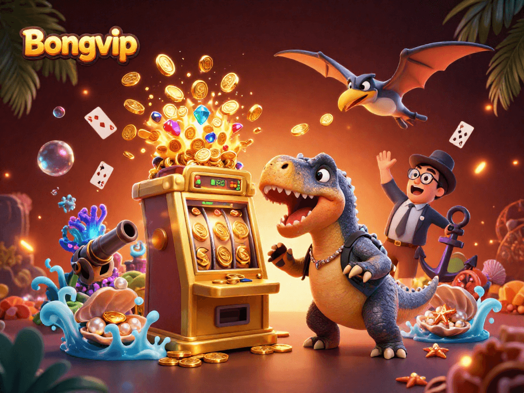 Bongvip showcases a lively casino scene with a pachycephalosaurus winning jackpots and characters catching coins.
