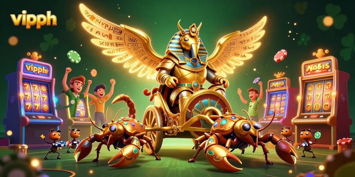 Experience thrilling wins at vipph with 3D characters celebrating around vibrant slot machines.