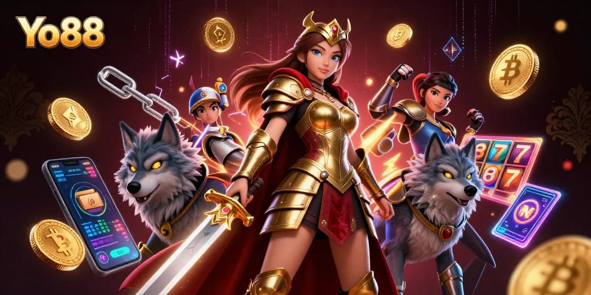 Experience winning moments at Yo88, featuring a warrior queen and crypto elements in an exciting casino scene.