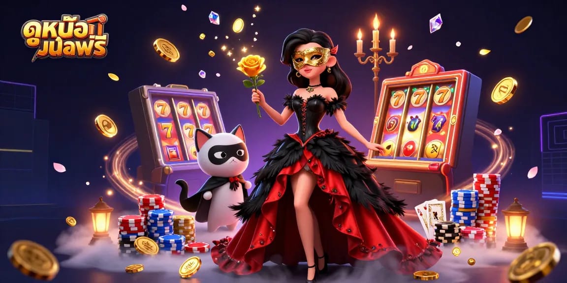 Play exciting ดูหนังออนไลน์ฟรี with vibrant characters amid golden coins and jackpot symbols.