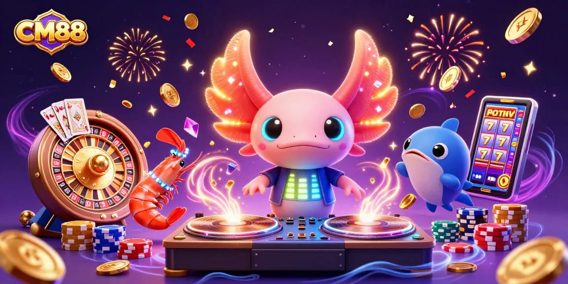 Experience excitement at CM88 with a vibrant gaming scene featuring an axolotl DJ and animated casino elements.
