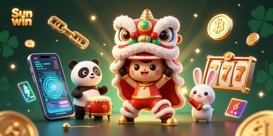 Experience Sun win action with lively characters and vibrant casino elements in a festive 3D scene.