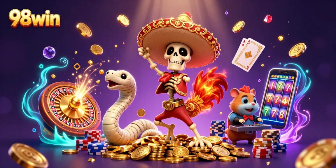 Experience the thrill of 98win with dynamic casino characters celebrating winnings amidst rich visuals.