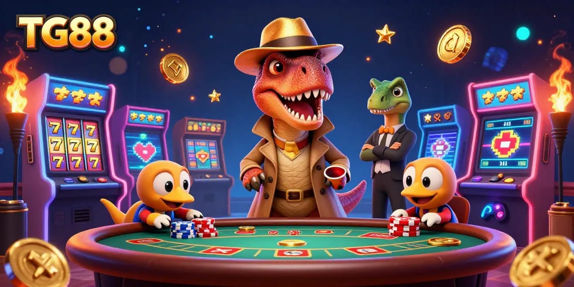 Engage with TG88 at a vibrant casino scene featuring a velociraptor card counter among dynamic slot machines.
