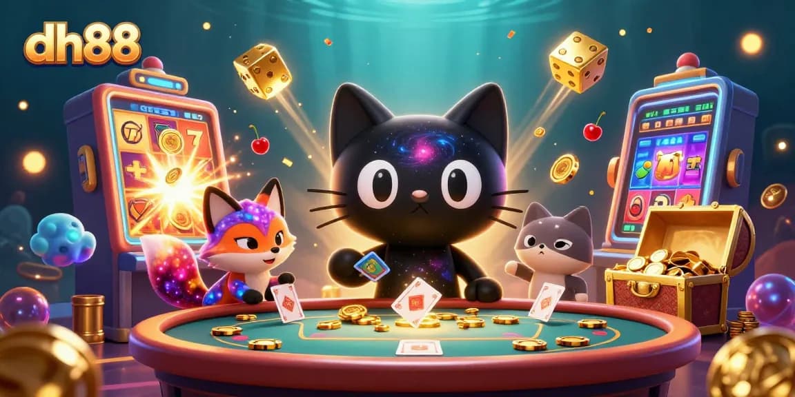 Experience dh88's cosmic casino charm with a playful black hole cat and nebula fox amidst vibrant gaming elements.