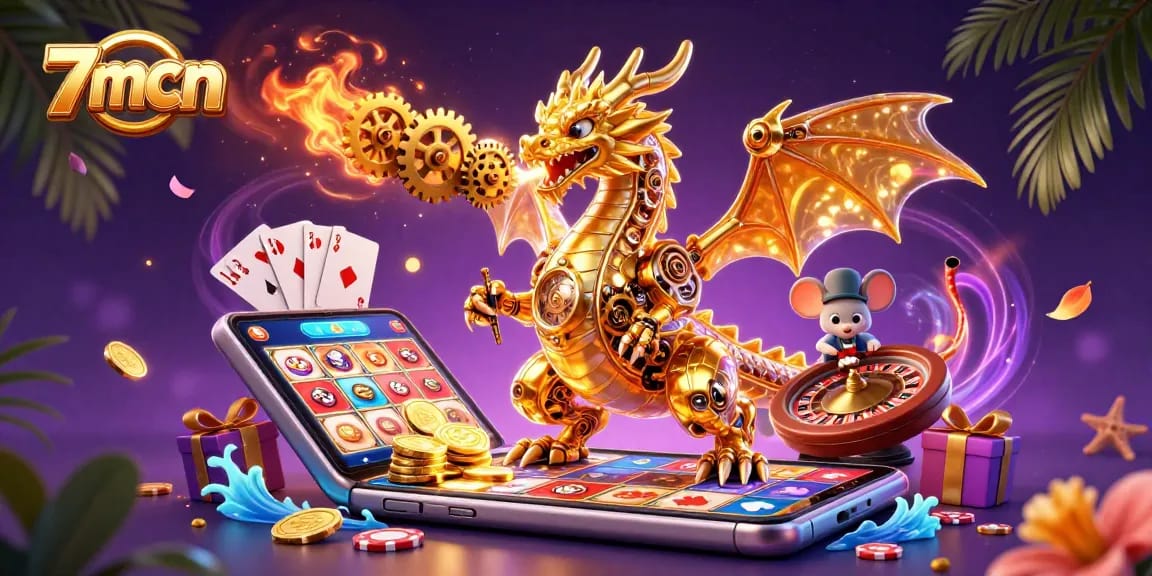 Engage with the 7mcn golden dragon and vibrant slot game illustration.