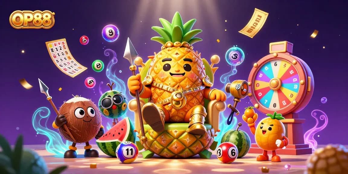 Engage in OP88's vibrant casino scene featuring a golden pineapple king, exciting game elements, and dynamic visuals.
