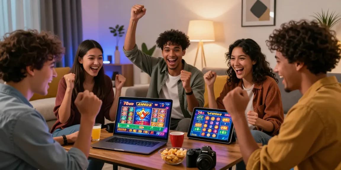 Excited friends celebrating a win on the 78win gaming platform in a cozy living room.
