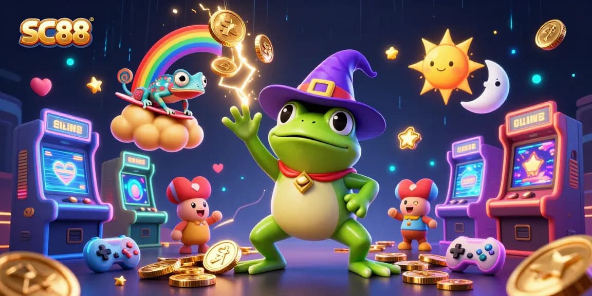 SC88's thrilling casino action with a cartoon frog, chameleon, and golden coins in a vibrant scene.