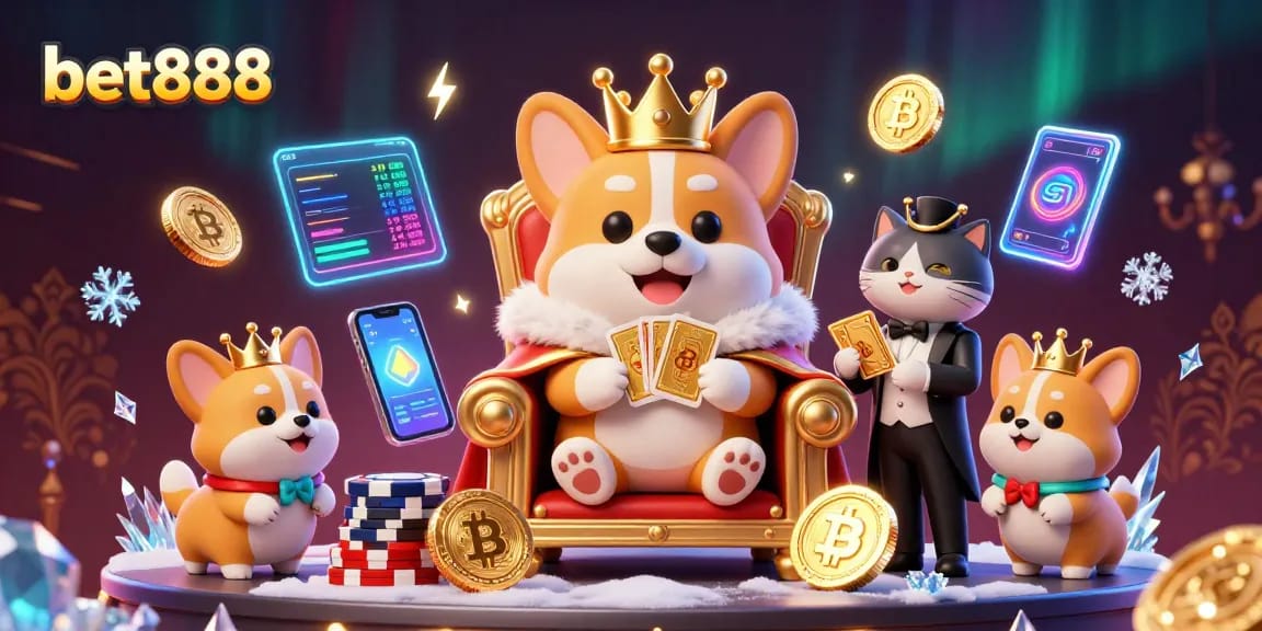 Experience the excitement of bet888 with a royal corgi and vibrant crypto elements in this captivating illustration.