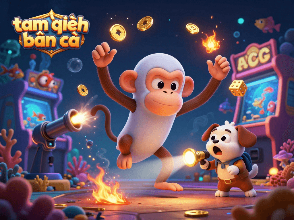 Experience the thrill of tam tiên bắn cá, as a ghost-hunter puppy tracks a mischievous monkey in a dynamic underwater scene.