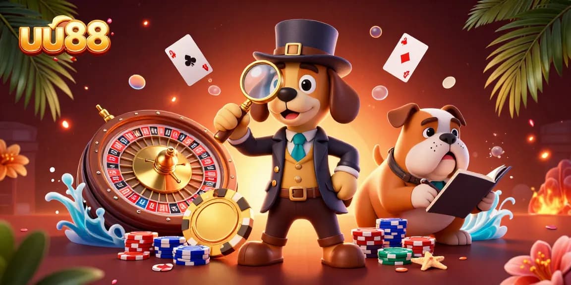 Experience the excitement of uu88 with a detective solving a poker chip mystery amidst casino elements.