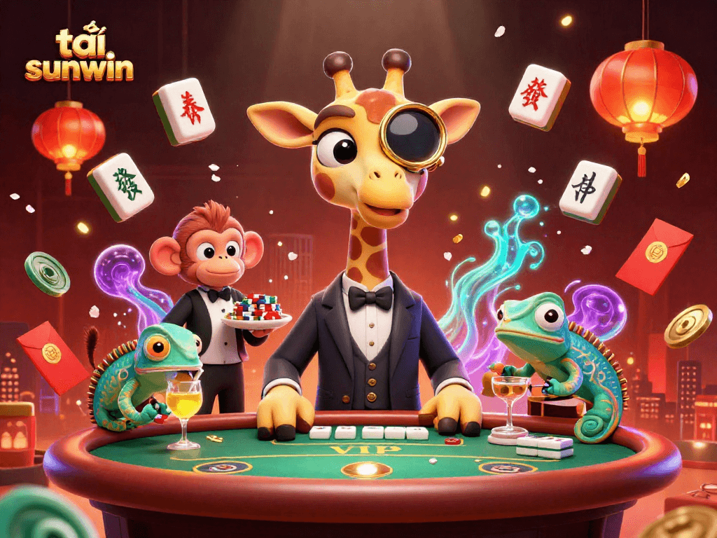 Engage with the vibrant 3D scene of tải sunwin, featuring a cartoon giraffe at a VIP poker table surrounded by gaming elements.