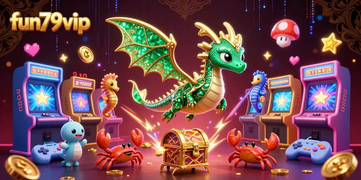 Experience the thrill of gaming at fun79vip with an emerald sea dragon surrounded by exciting casino elements.