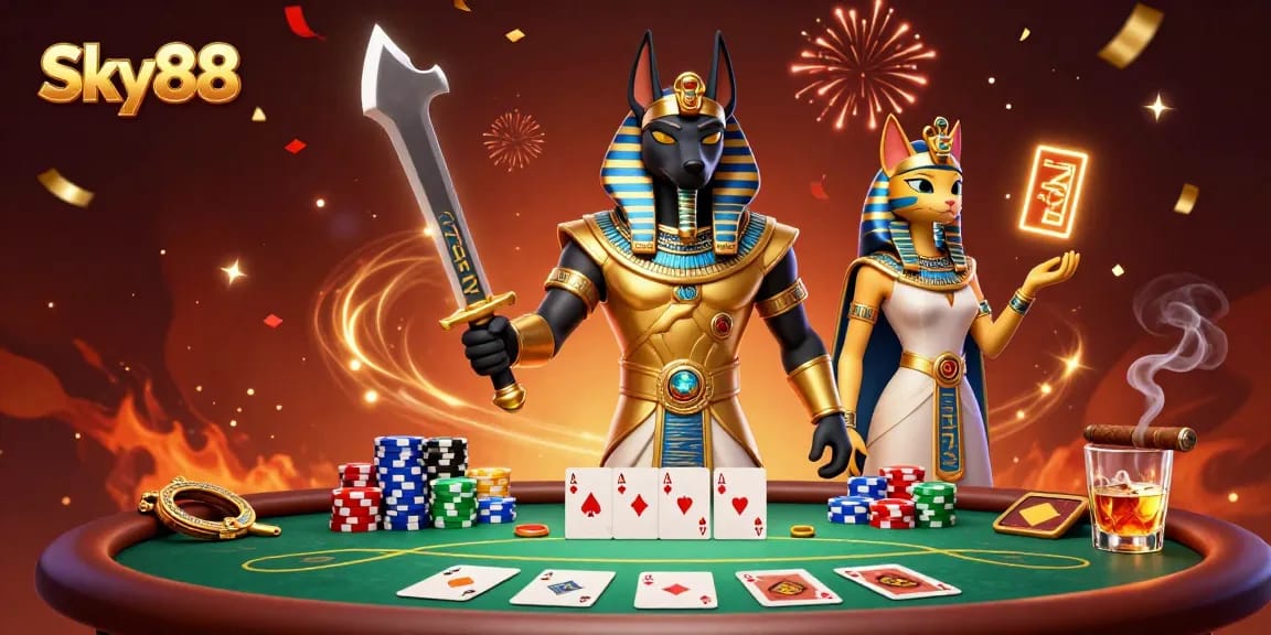 Experience the excitement of Sky88 with thrilling poker action embodied in an Egyptian-themed illustration.