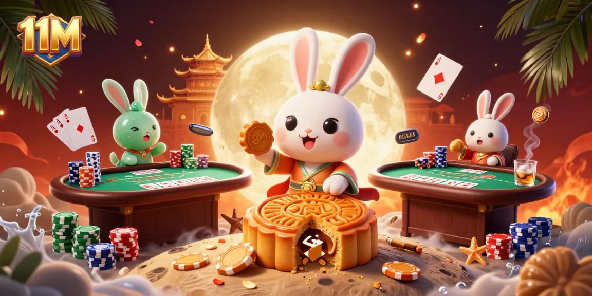 Engage in high-stakes poker with 11M's vibrant 3D illustration featuring a moon rabbit.