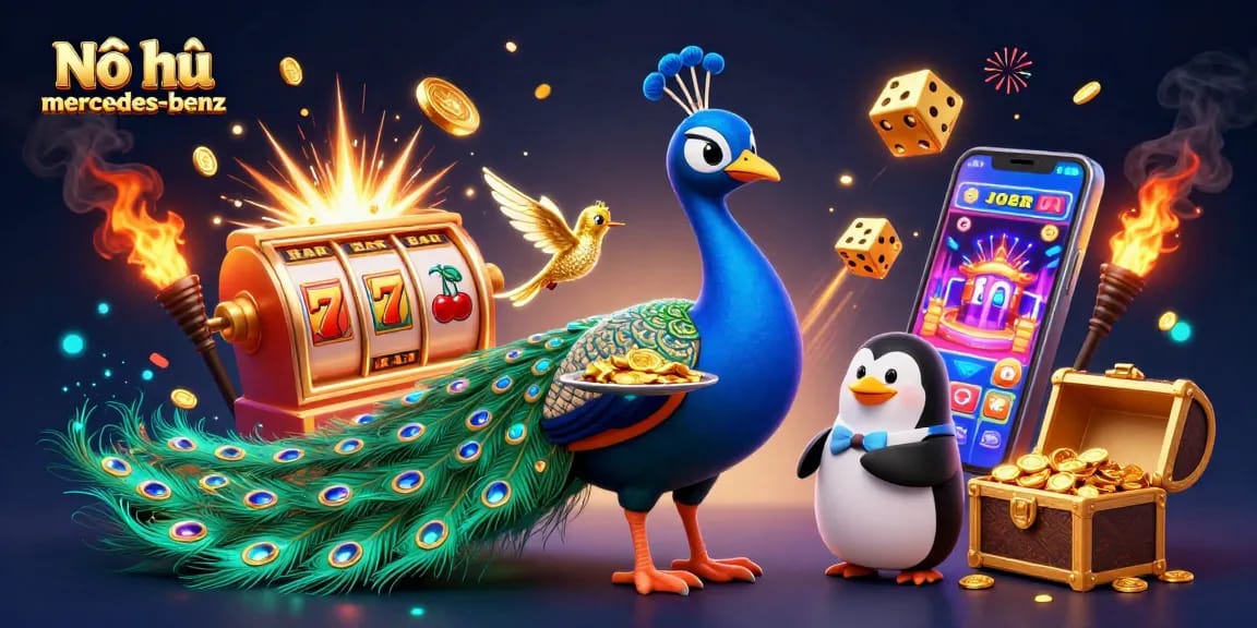Nổ hũ mercedes-benz showcases a vibrant slot game scene with characters celebrating a jackpot.