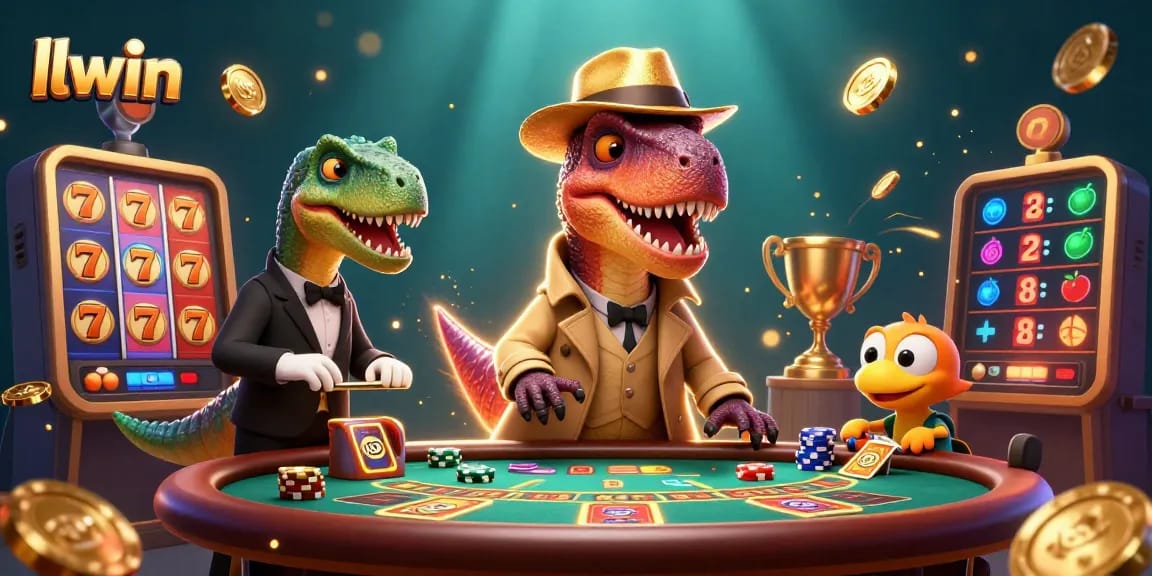 llwin presents vibrant casino action with a cartoon velociraptor and stegosaurus at the blackjack table.