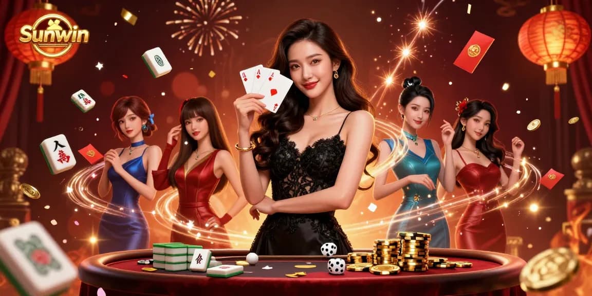 Win big with Sunwin as an elegant Asian woman plays cards in a vibrant casino.