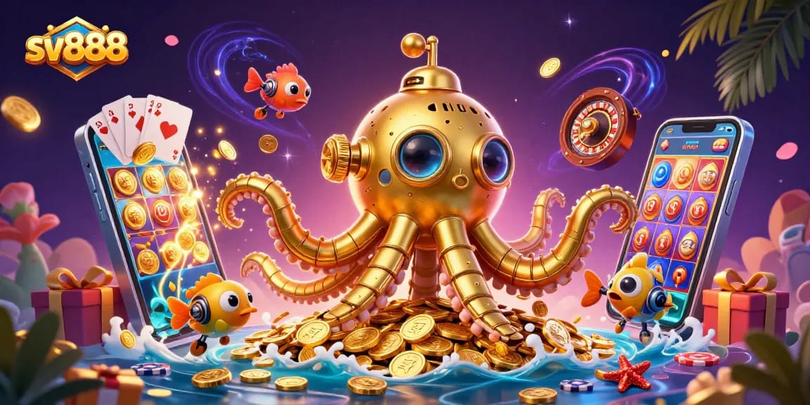 Experience excitement at sv888 with a vibrant 3D casino illustration featuring games and treasures.