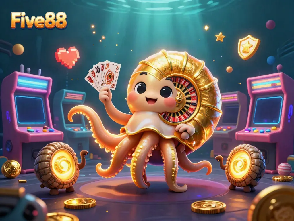 Experience thrilling gameplay at Five88 with a giant golden roulette nautilus amidst dynamic gaming elements!