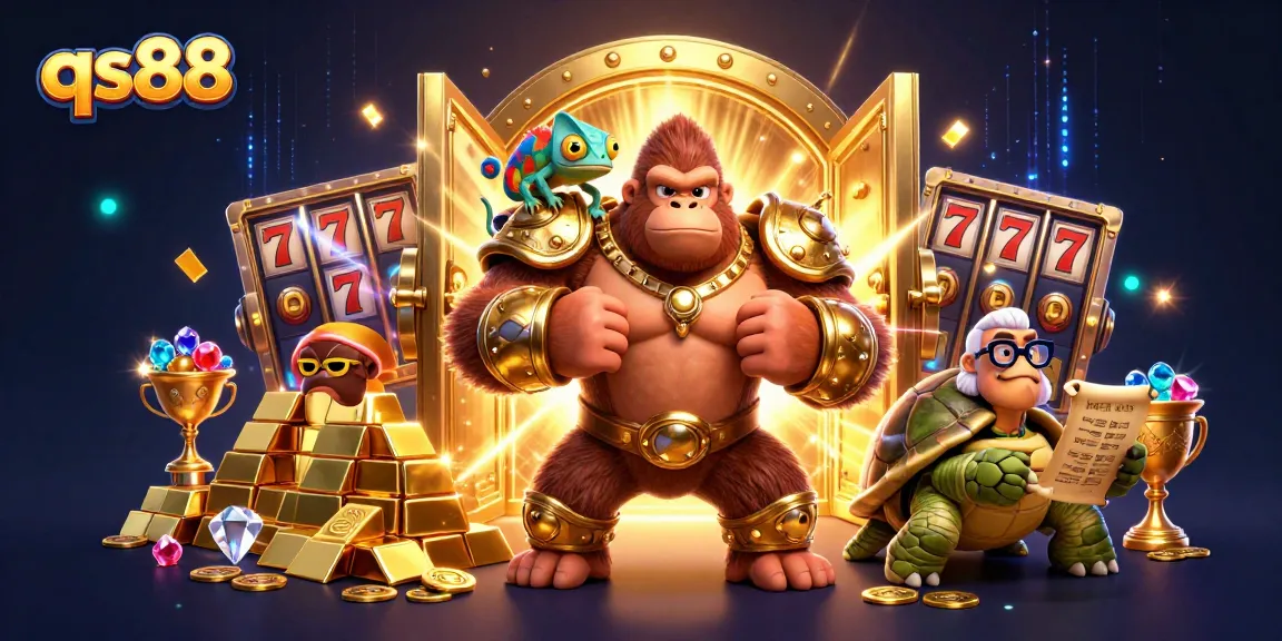 qs88 raises the stakes with a powerful gorilla king and slot game elements in a vibrant 3D scene.