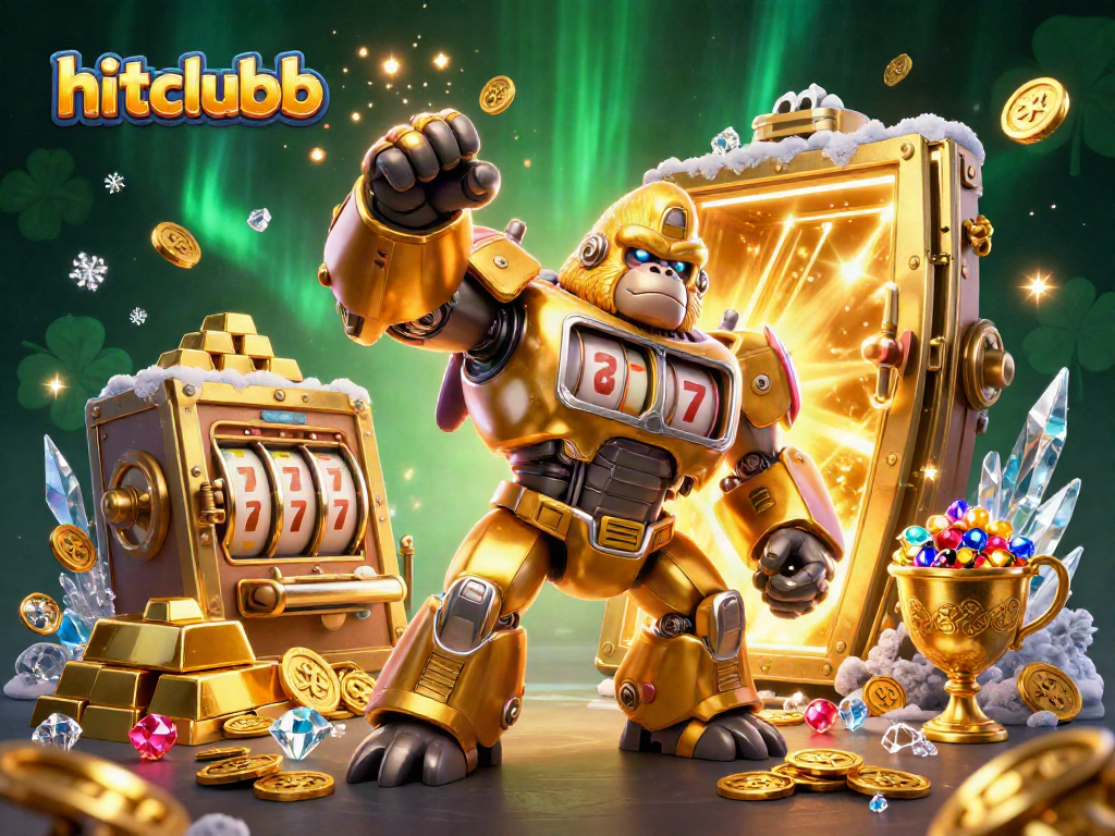 Experience hitclubb's thrilling action with a cartoon-style mech and treasure in a vibrant casino scene.