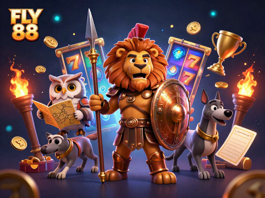 FLY 88 showcases a vibrant 3D casino scene with slot reels, a Spartan lion, an owl, and a swift greyhound.