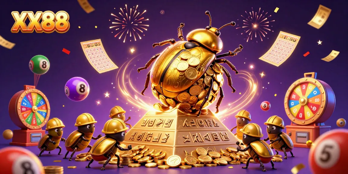Experience excitement with XX88 as golden beetles celebrate wins amidst vibrant casino elements.