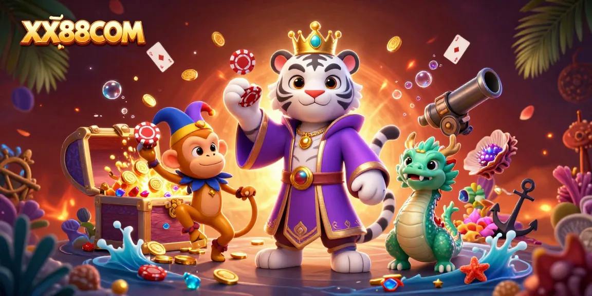 Experience the thrill of gaming at XX88COM, featuring a vibrant casino scene with imaginative characters.