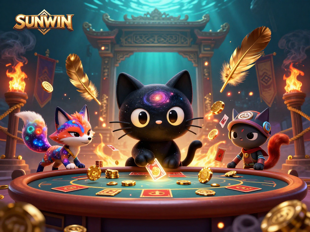 SUNWIN cat captivating gamblers with cosmic casino chips and cards in a vibrant colorful scene