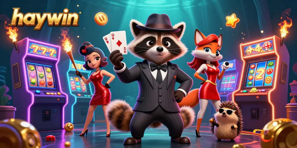 Experience thrilling gameplay at haywin with a gentleman raccoon showcasing a royal flush hand among vibrant casino elements.