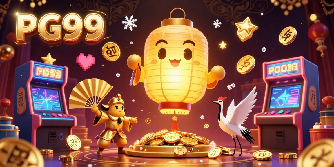 Experience the magic of PG99's vibrant gaming with a glowing lantern spirit, arcade games, and golden symbols.