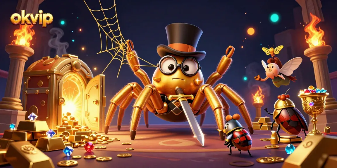 Join the adventure at okvip with a golden tarantula and beetle knight in a rich casino world.
