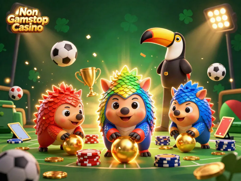 Competing pangolins roll golden balls at a Non Gamstop Casino, amidst poker chips and sports elements.