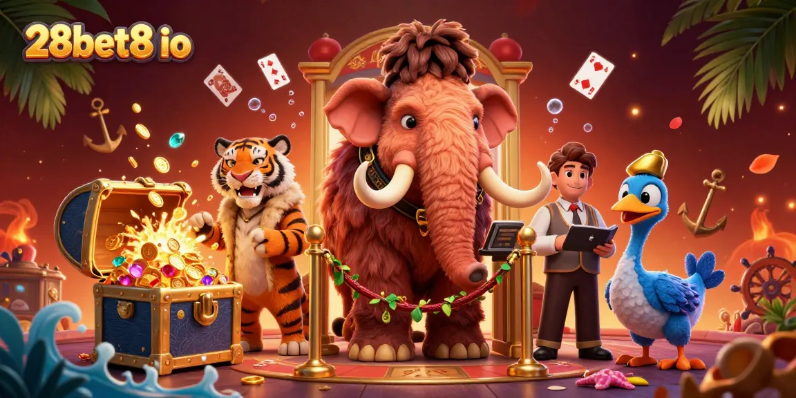 Experience the thrill of 28bet8 io with a lavish casino scene featuring dynamic characters and game elements.