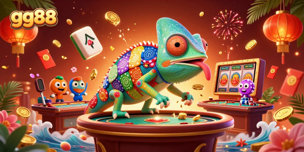 Experience thrilling gameplay at gg88 with a vibrant casino scene featuring a chameleon owner and colorful gaming elements.