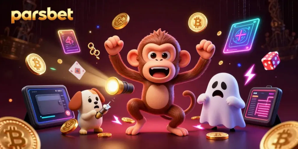 Experience thrilling gameplay at parsbet with a ghostly monkey juggling gold while a curious puppy tracks its movement in an enchanted casino.