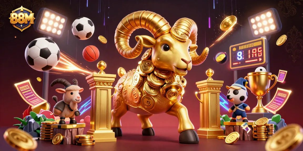 Betting on 88M with a dynamic scene featuring a golden ram and sports elements.