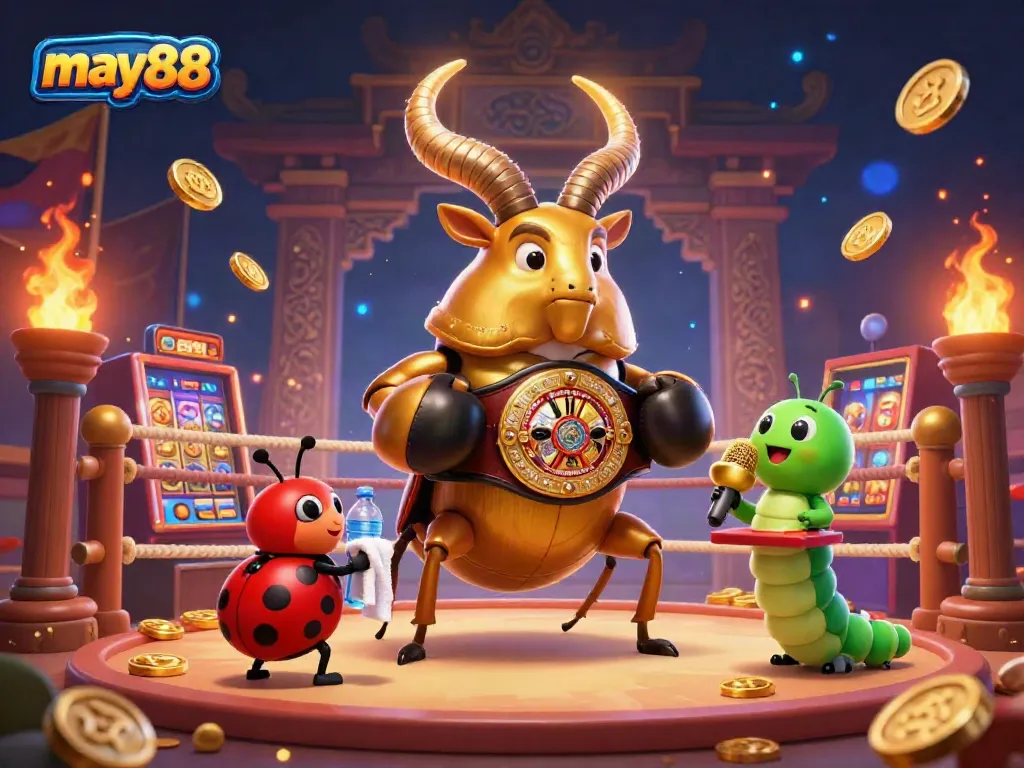 Experience high-stakes action with may88's casino characters battling amidst golden tokens and vibrant gaming elements.