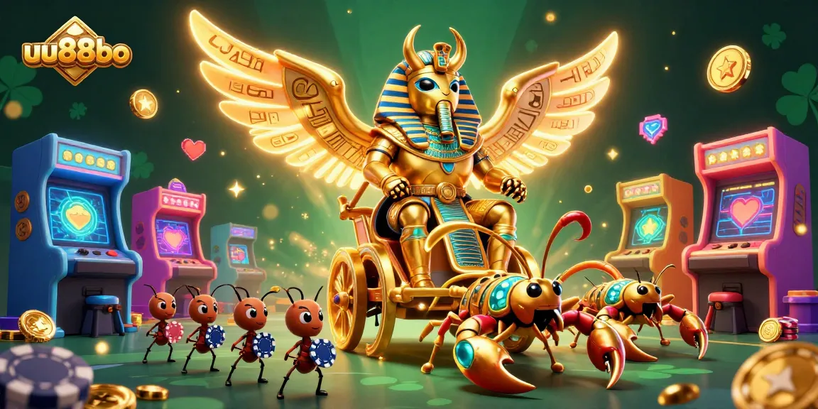 Experience the excitement of uu88bo with giant golden beetles, poker chips, and vibrant casino elements.