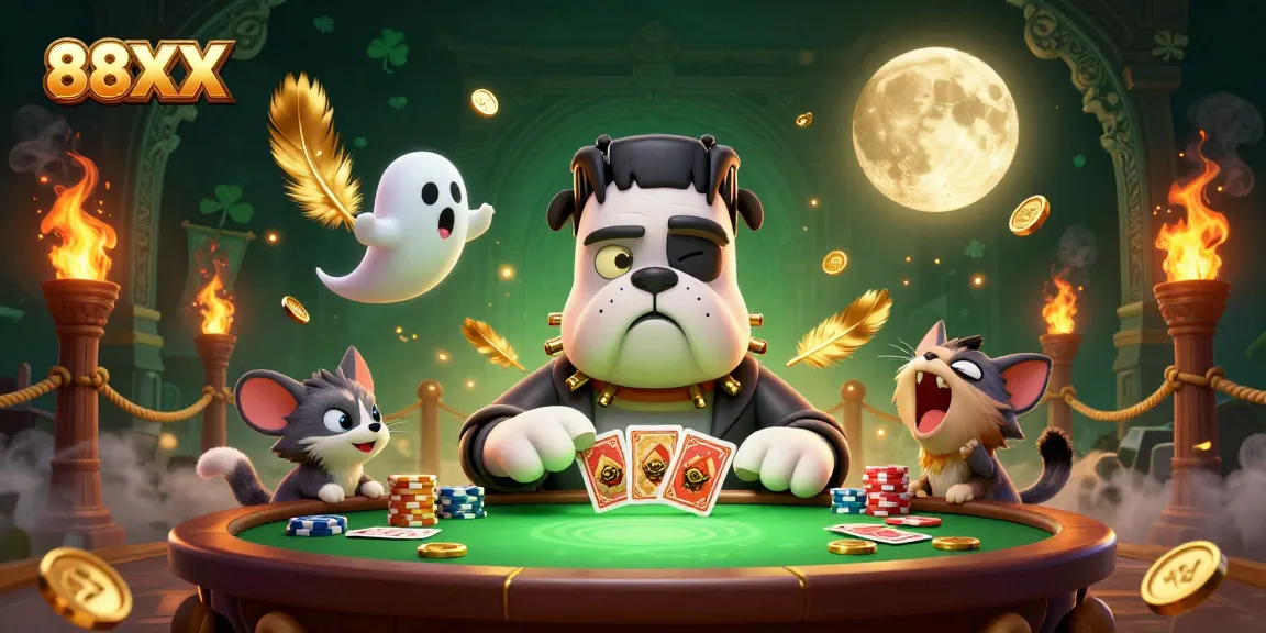 Engage with 88XX at a spooky casino table featuring a Frankenstein bulldog dealer, creating an exciting atmosphere.