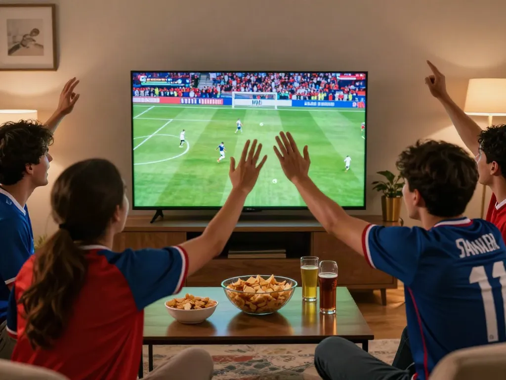 Friends enjoying Socolive soccer streaming experience at home.